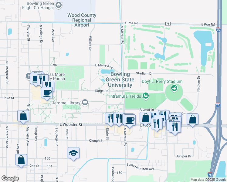 map of restaurants, bars, coffee shops, grocery stores, and more near 1411 Ridge Street in Bowling Green