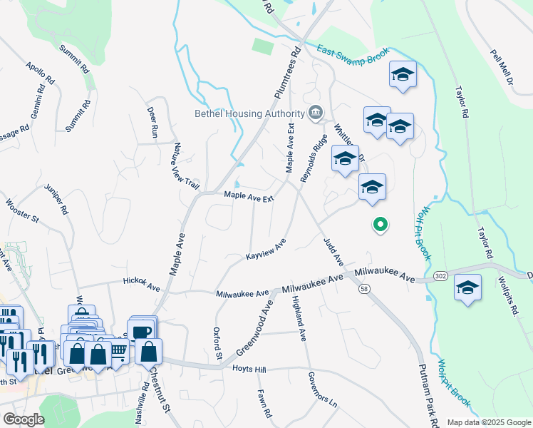map of restaurants, bars, coffee shops, grocery stores, and more near 12 Grandview Avenue in Bethel