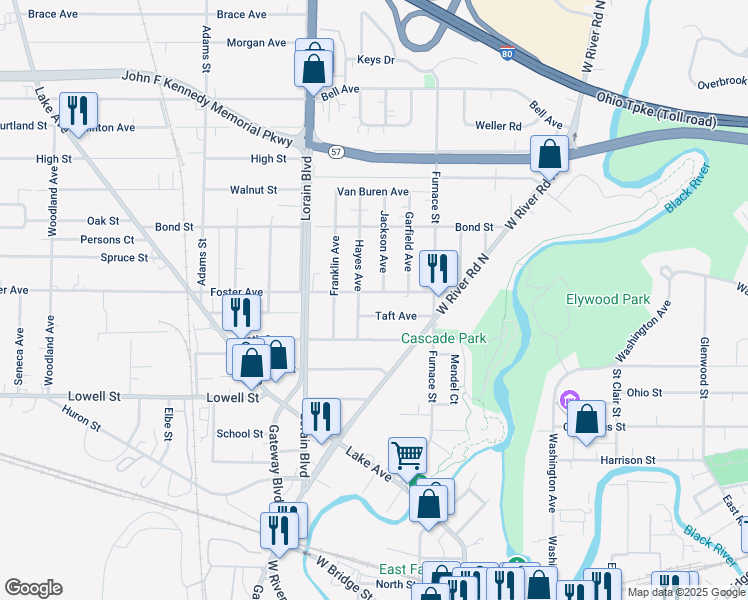 map of restaurants, bars, coffee shops, grocery stores, and more near 160 Taft Avenue in Elyria