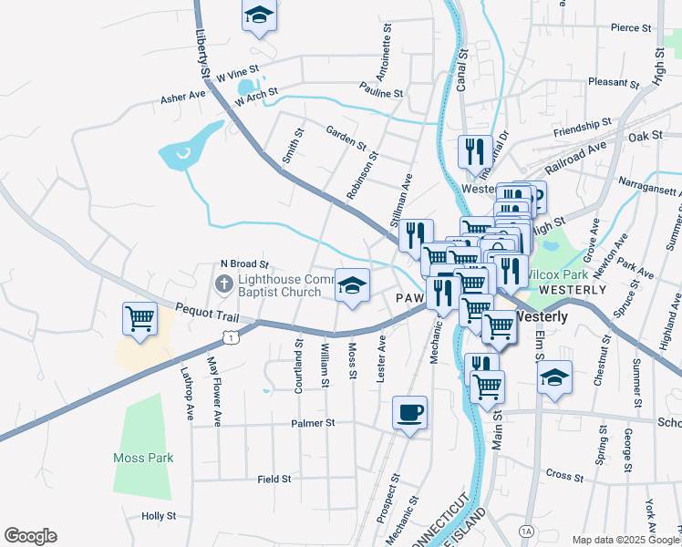 map of restaurants, bars, coffee shops, grocery stores, and more near 40 Washington Street in Stonington