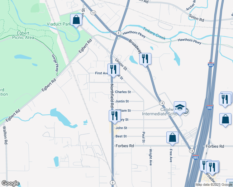map of restaurants, bars, coffee shops, grocery stores, and more near 125 Northfield Road in Bedford Heights