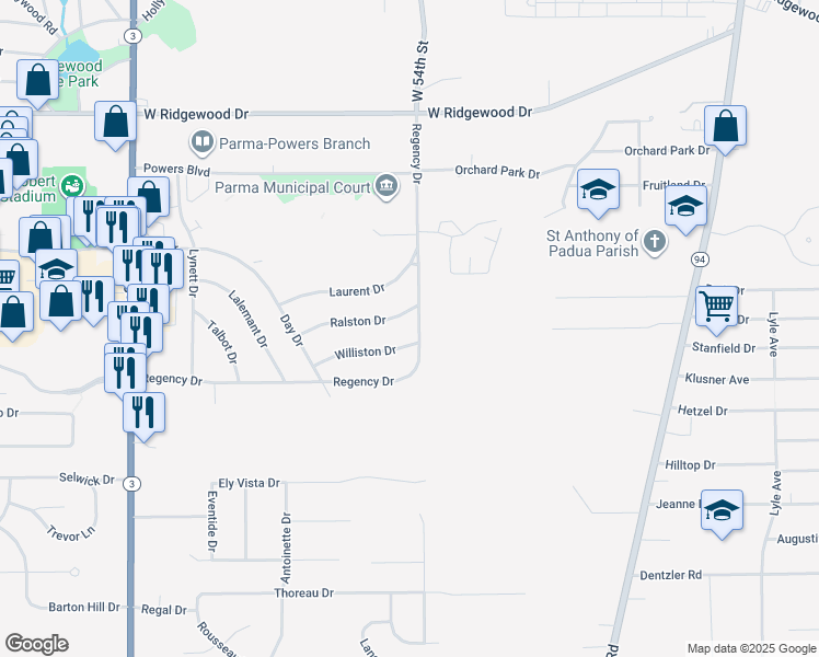 map of restaurants, bars, coffee shops, grocery stores, and more near 5511 Williston Drive in Parma