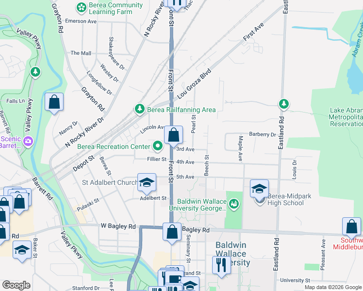 map of restaurants, bars, coffee shops, grocery stores, and more near 25 4th Avenue in Berea