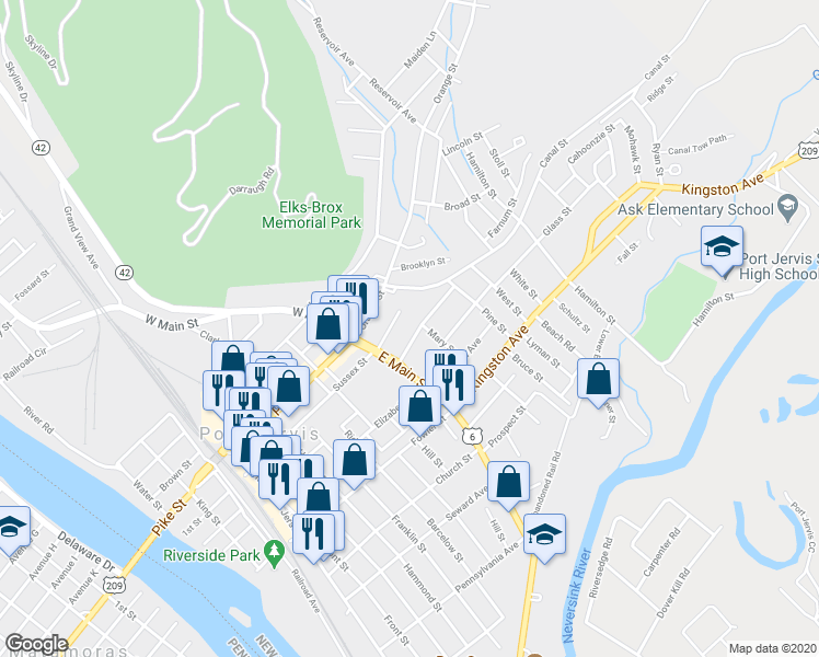 map of restaurants, bars, coffee shops, grocery stores, and more near 28 East Main Street in Port Jervis