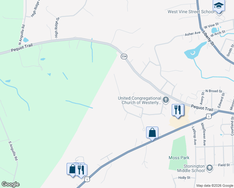 map of restaurants, bars, coffee shops, grocery stores, and more near 107 Castle Hill Road in Stonington