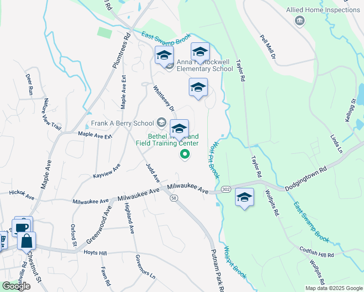 map of restaurants, bars, coffee shops, grocery stores, and more near 300 Whittlesey Drive in Bethel