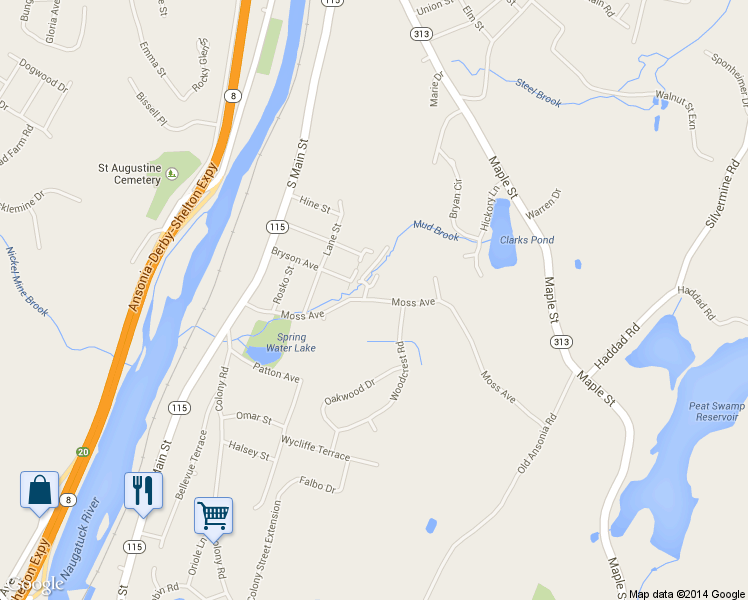 map of restaurants, bars, coffee shops, grocery stores, and more near 32 Moss Avenue in Seymour