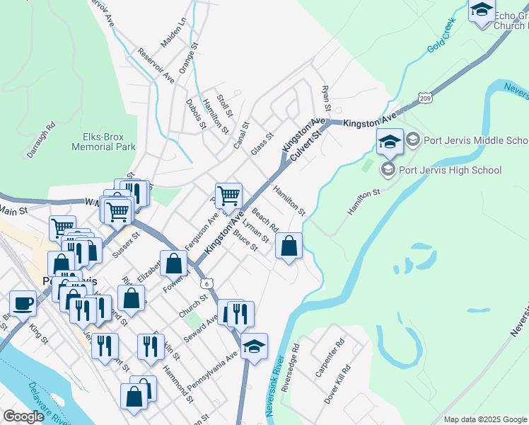 map of restaurants, bars, coffee shops, grocery stores, and more near 20 Beach Road in Port Jervis