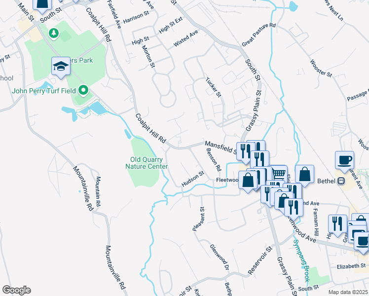 map of restaurants, bars, coffee shops, grocery stores, and more near 39 Mansfield Street in Bethel