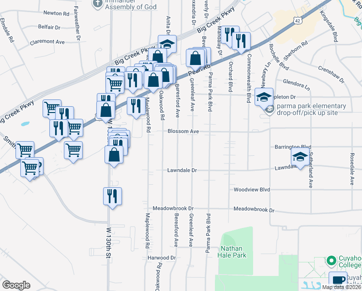 map of restaurants, bars, coffee shops, grocery stores, and more near 6793 Beresford Avenue in Parma Heights