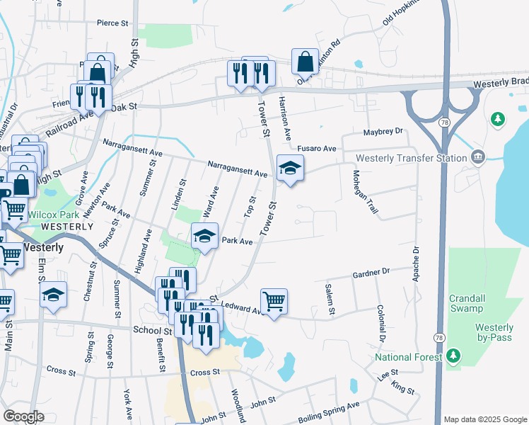 map of restaurants, bars, coffee shops, grocery stores, and more near 21 Top Street in Westerly