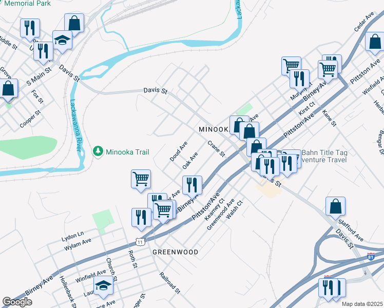map of restaurants, bars, coffee shops, grocery stores, and more near 3228 Oak Avenue in Scranton