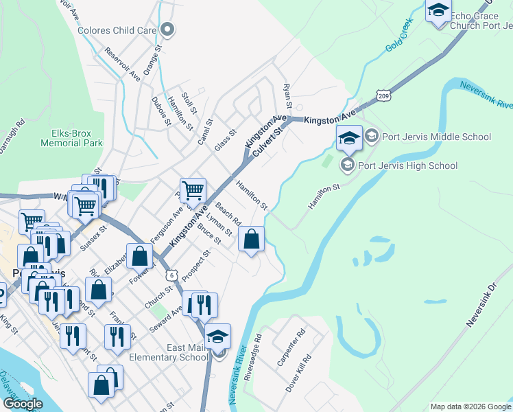 map of restaurants, bars, coffee shops, grocery stores, and more near 1 Hamilton Street in Port Jervis