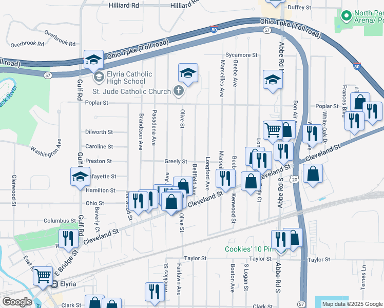 map of restaurants, bars, coffee shops, grocery stores, and more near 210 Bellfield Avenue in Elyria