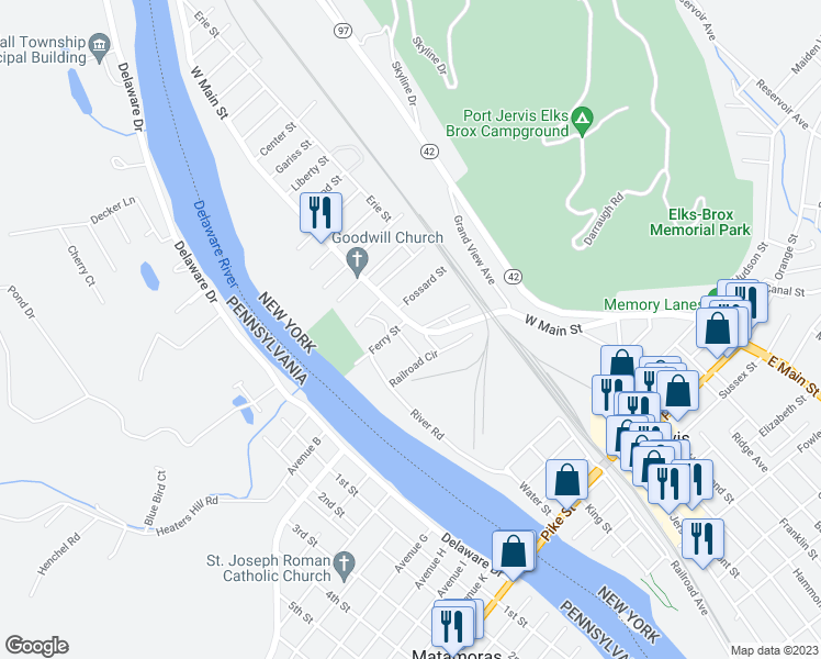 map of restaurants, bars, coffee shops, grocery stores, and more near 7 Fossard Street in Port Jervis