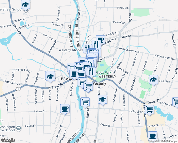 map of restaurants, bars, coffee shops, grocery stores, and more near 42 High Street in Westerly
