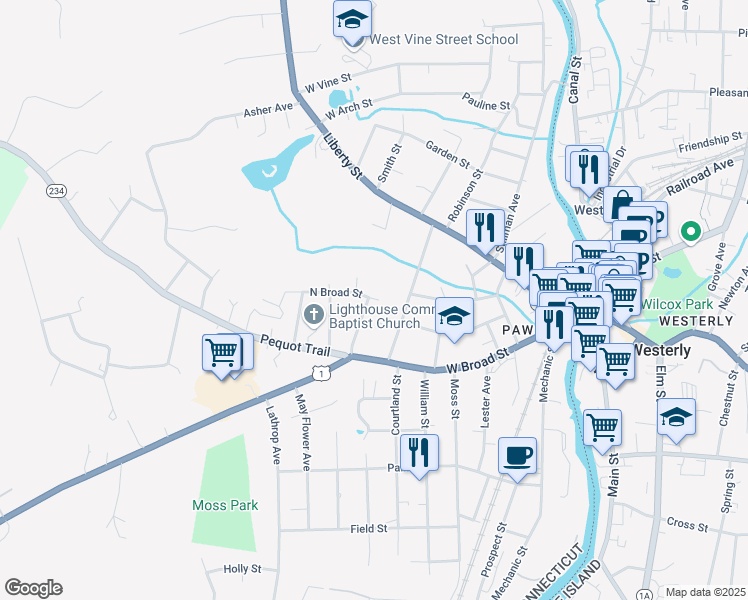 map of restaurants, bars, coffee shops, grocery stores, and more near 37 North Broad Street in Stonington