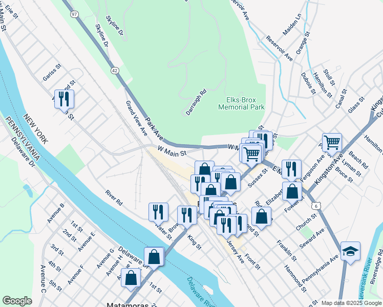 map of restaurants, bars, coffee shops, grocery stores, and more near 71 West Main Street in Port Jervis