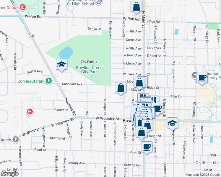 map of restaurants, bars, coffee shops, grocery stores, and more near 342 Conneaut Avenue in Bowling Green