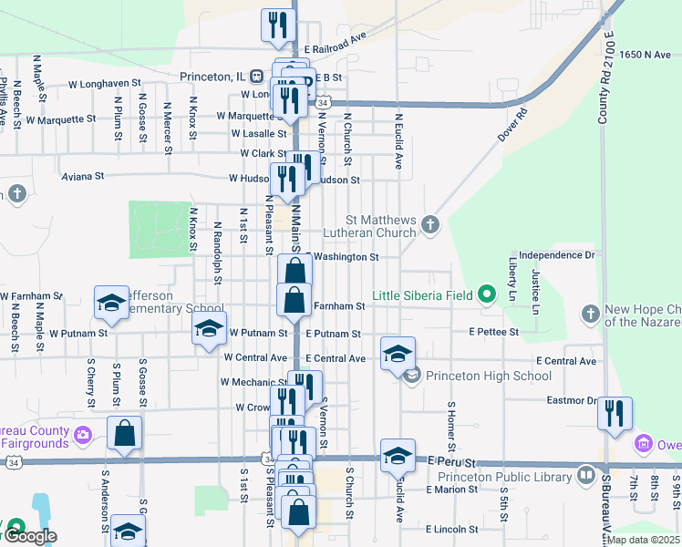 map of restaurants, bars, coffee shops, grocery stores, and more near 404 North Church Street in Princeton