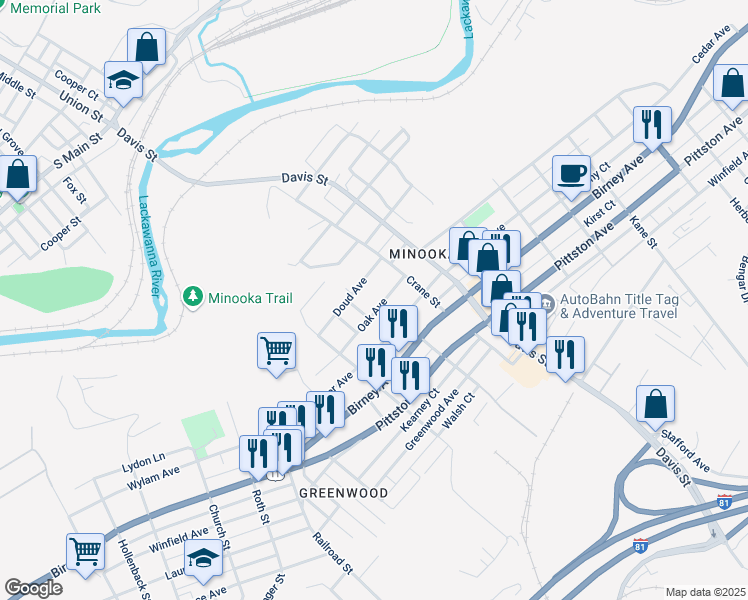 map of restaurants, bars, coffee shops, grocery stores, and more near 3228 Oak Avenue in Scranton