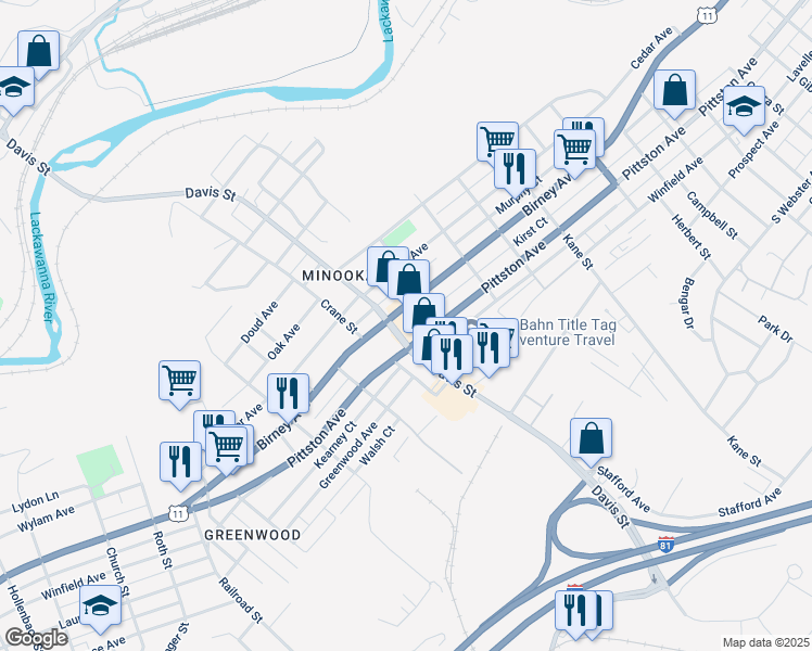 map of restaurants, bars, coffee shops, grocery stores, and more near 509 Davis Street in Scranton