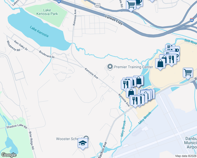 map of restaurants, bars, coffee shops, grocery stores, and more near Kenosia Avenue in Danbury