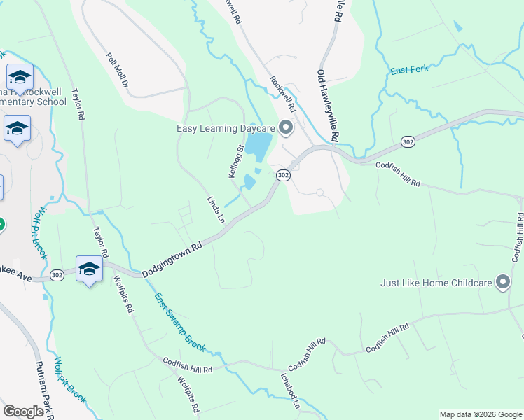 map of restaurants, bars, coffee shops, grocery stores, and more near 73 Dodgingtown Road in Bethel