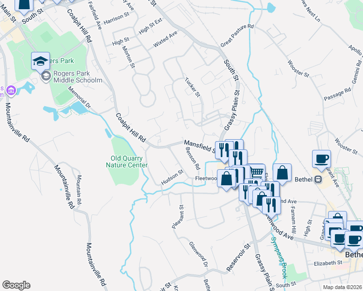 map of restaurants, bars, coffee shops, grocery stores, and more near 23 Mansfield Street in Bethel