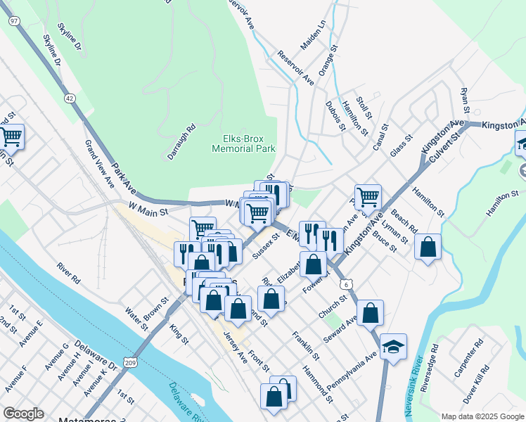 map of restaurants, bars, coffee shops, grocery stores, and more near 10 Canal Street in Port Jervis