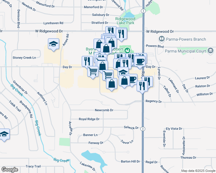 map of restaurants, bars, coffee shops, grocery stores, and more near 7939 Day Drive in Cleveland