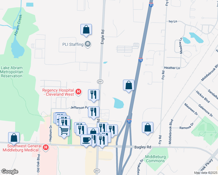 map of restaurants, bars, coffee shops, grocery stores, and more near 17500 Rosbough Boulevard in Cleveland