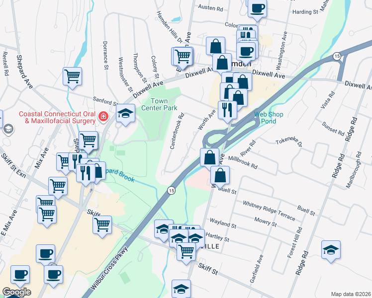 map of restaurants, bars, coffee shops, grocery stores, and more near 178 Worth Avenue in Hamden