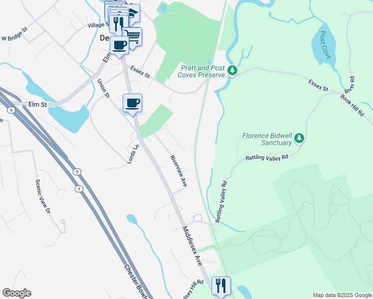 map of restaurants, bars, coffee shops, grocery stores, and more near 29 Belmont Avenue in Deep River