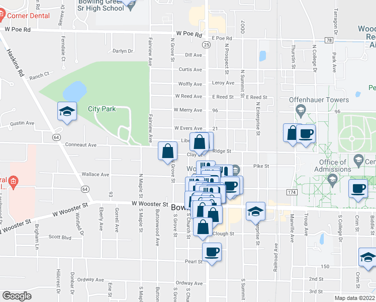 map of restaurants, bars, coffee shops, grocery stores, and more near 140 Clay Street in Bowling Green