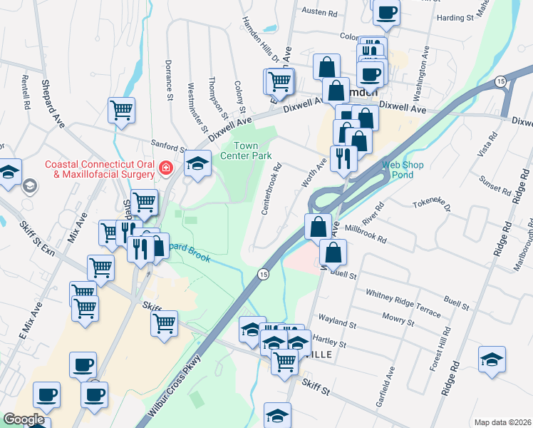 map of restaurants, bars, coffee shops, grocery stores, and more near 142 Centerbrook Road in Hamden