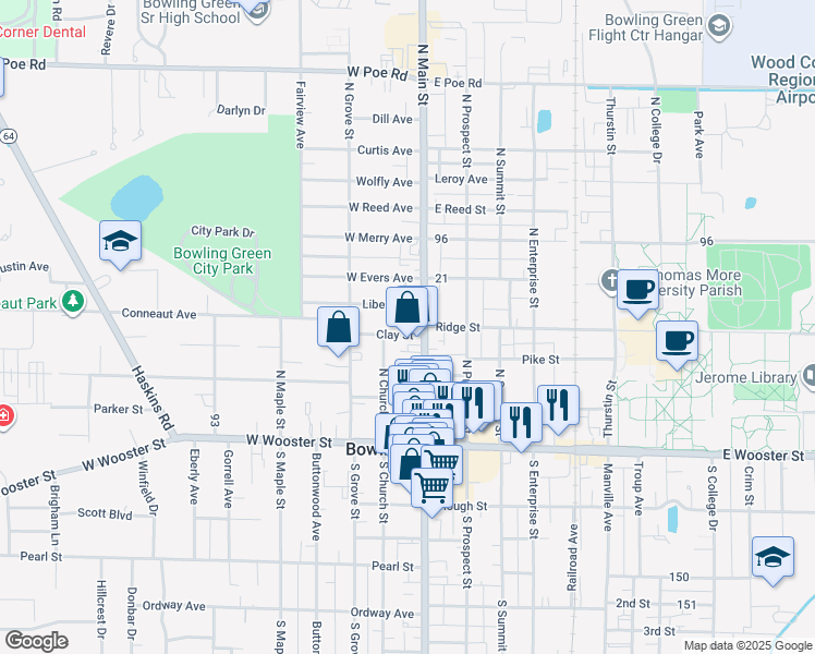 map of restaurants, bars, coffee shops, grocery stores, and more near 432 S Main St in Bowling Green