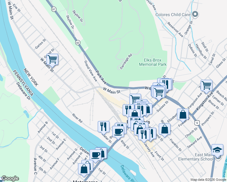 map of restaurants, bars, coffee shops, grocery stores, and more near 79 West Main Street in Port Jervis