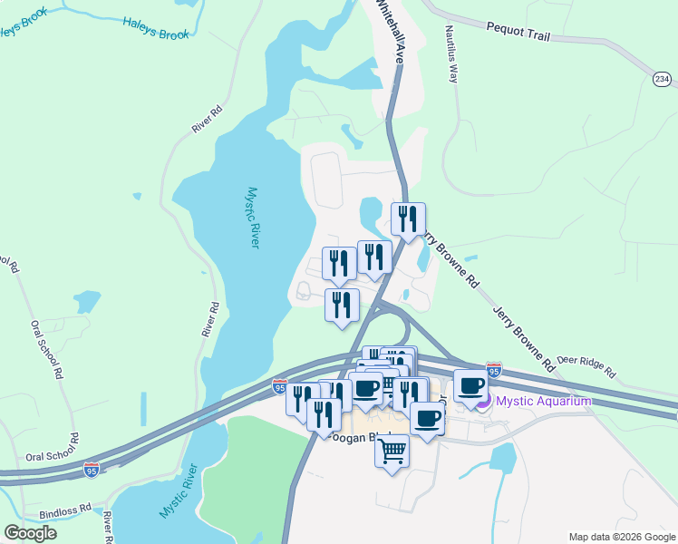 map of restaurants, bars, coffee shops, grocery stores, and more near 108 Fair Acres Circle in Stonington