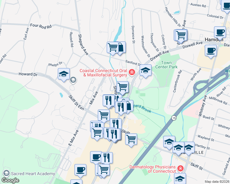map of restaurants, bars, coffee shops, grocery stores, and more near 56 Shepards Knoll Drive in Hamden