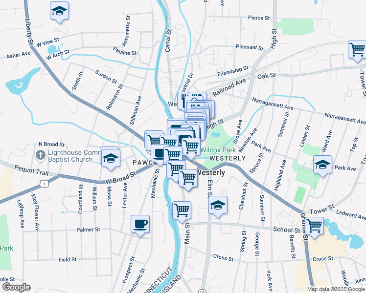 map of restaurants, bars, coffee shops, grocery stores, and more near 42 High Street in Westerly