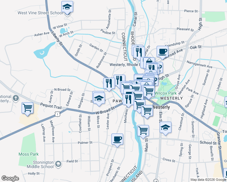 map of restaurants, bars, coffee shops, grocery stores, and more near 34 Liberty Street in Stonington