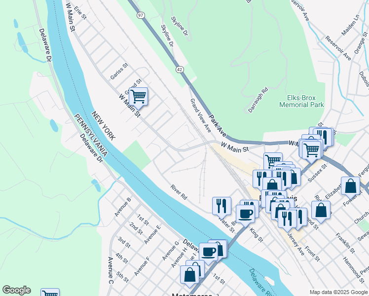 map of restaurants, bars, coffee shops, grocery stores, and more near 7 Fossard Street in Port Jervis
