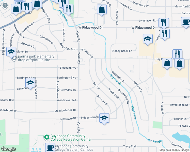 map of restaurants, bars, coffee shops, grocery stores, and more near 6781 Reid Drive in Parma Heights