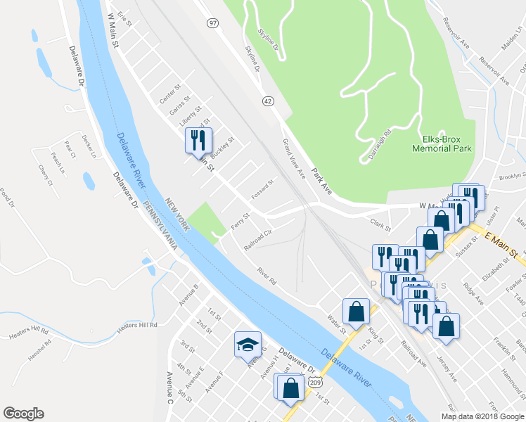 map of restaurants, bars, coffee shops, grocery stores, and more near 127 West Main Street in Port Jervis