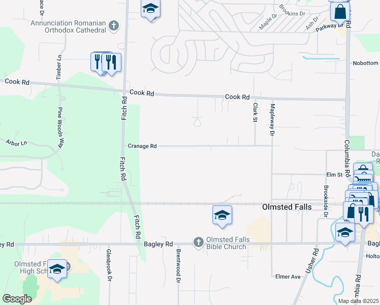 map of restaurants, bars, coffee shops, grocery stores, and more near 26600 Cranage Road in Olmsted Falls