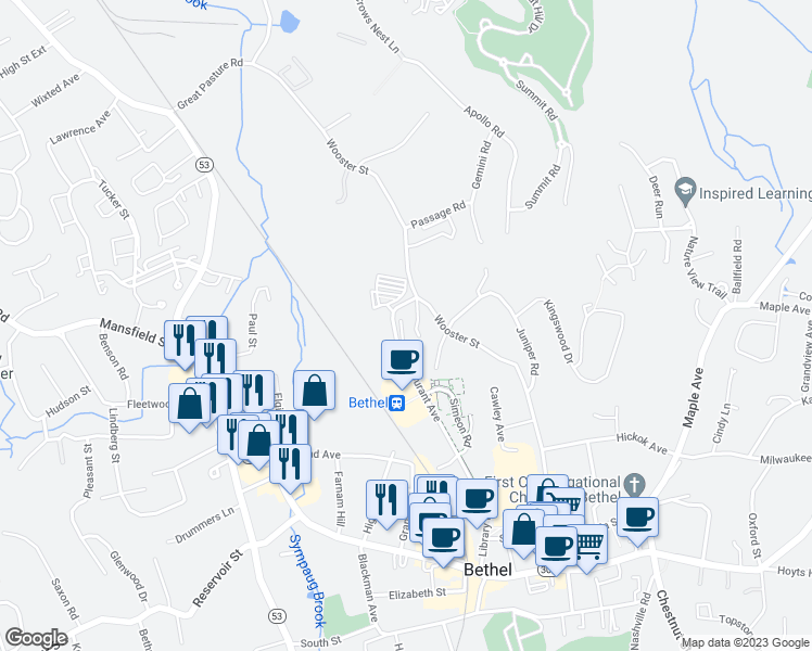 map of restaurants, bars, coffee shops, grocery stores, and more near 14 Durant Avenue in Bethel