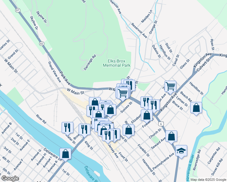 map of restaurants, bars, coffee shops, grocery stores, and more near 31 West Main Street in Port Jervis