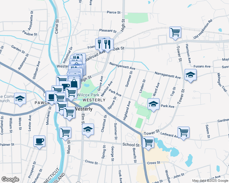 map of restaurants, bars, coffee shops, grocery stores, and more near 8 Park Avenue in Westerly