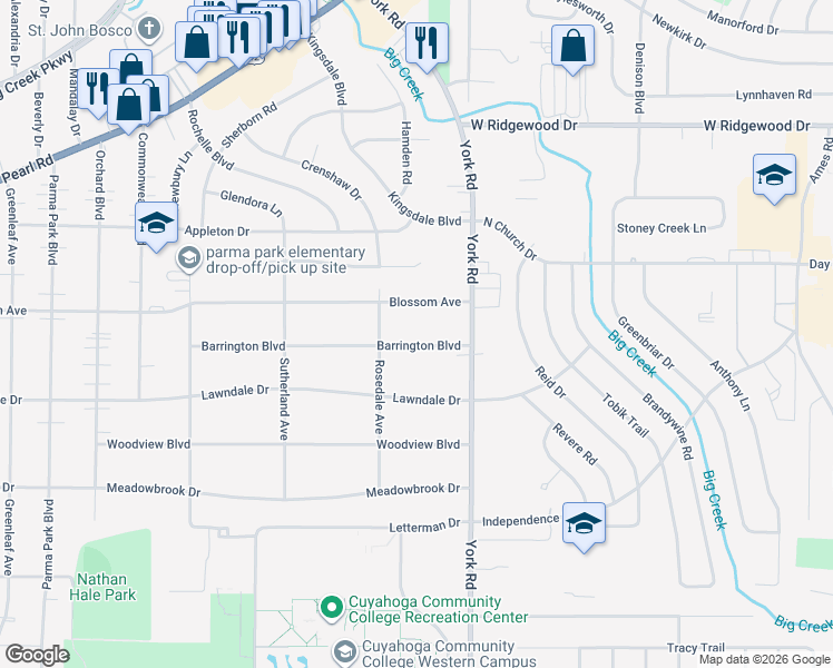 map of restaurants, bars, coffee shops, grocery stores, and more near 10761 Blossom Avenue in Parma Heights